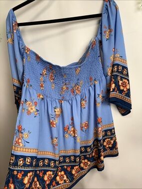 Lily White Blue Floral Smocked Tunic with Navy Border